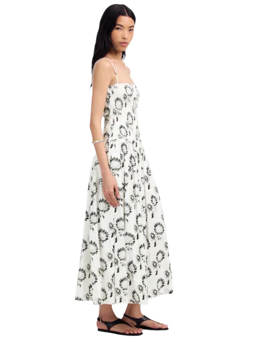 Madewell Smocked Maxi Dress Graphic Sunflowers White Black Sleeveless Size XL‎